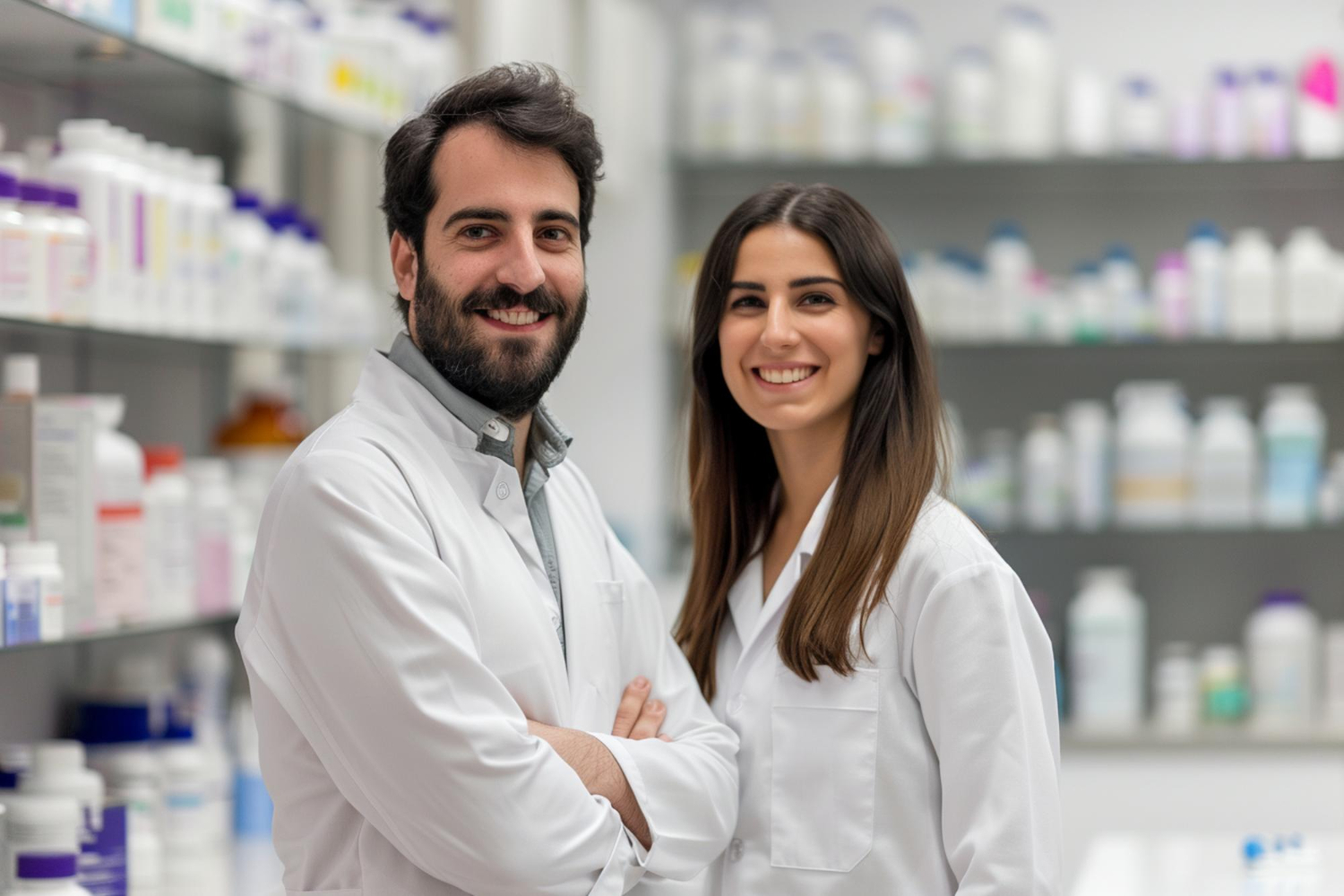 Two smiling pharmacists in white lab coats stand in a pharmacy with shelves of medications in the background.