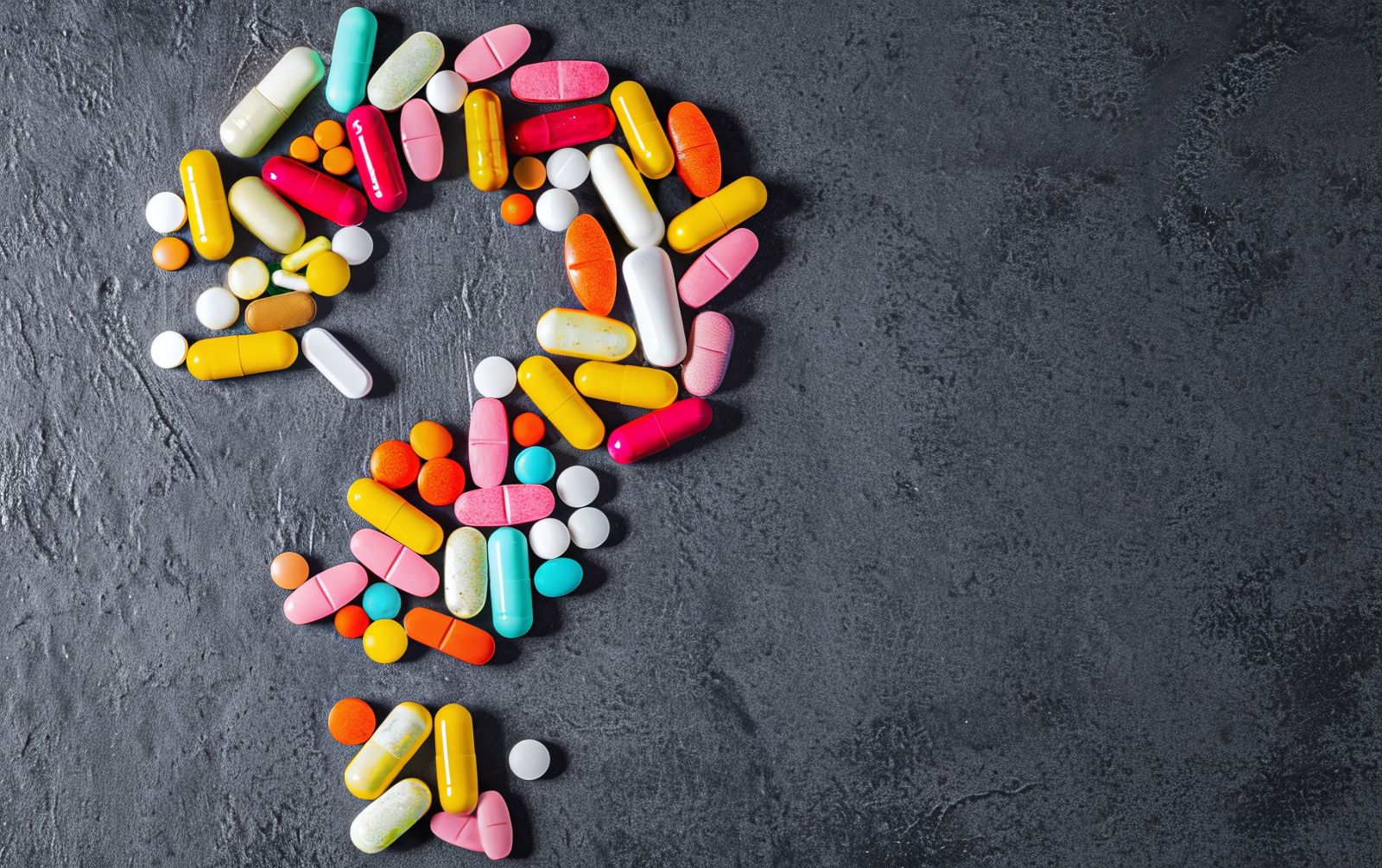 Colorful pills and tablets arranged in the shape of a question mark on a dark gray background.