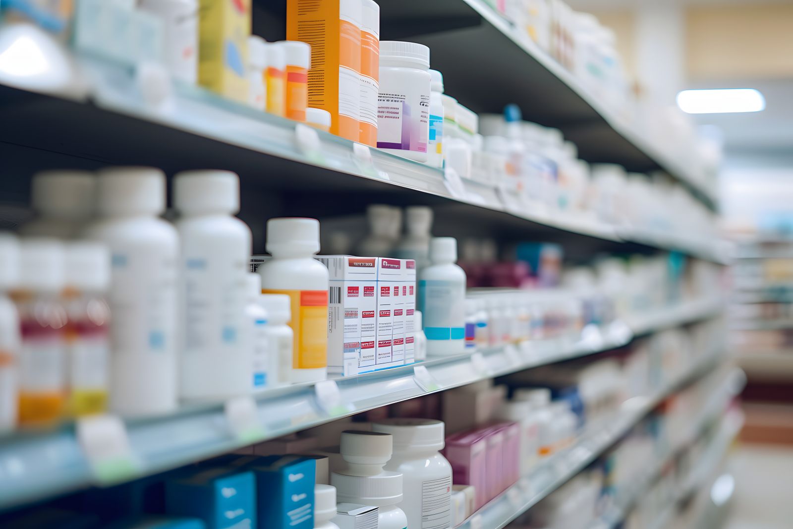 Shelves stocked with various bottles and boxes of medication in a brightly lit pharmacy.