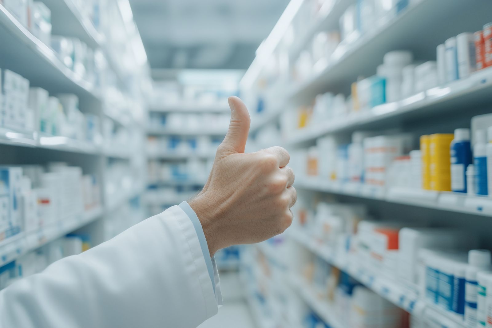 A person in a white coat gives a thumbs-up in a pharmacy aisle filled with medicine shelves.